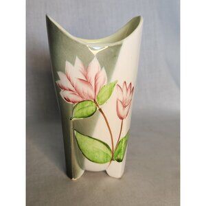 Vintage Asian Footed Oval Vase Olive Green Cream With Pink Flowers